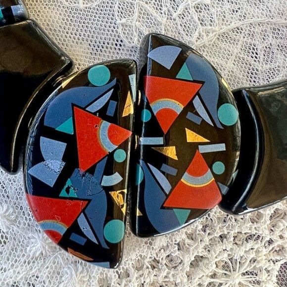 Vintage 80’s Japanese Black Lacquer Geometric Design Necklace - Picture 4 of 9